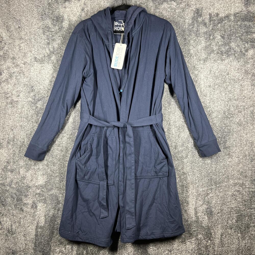 DudeRobe Robe Mens Small Blue Cotton Terry Hooded Belted Logo Sleepwear